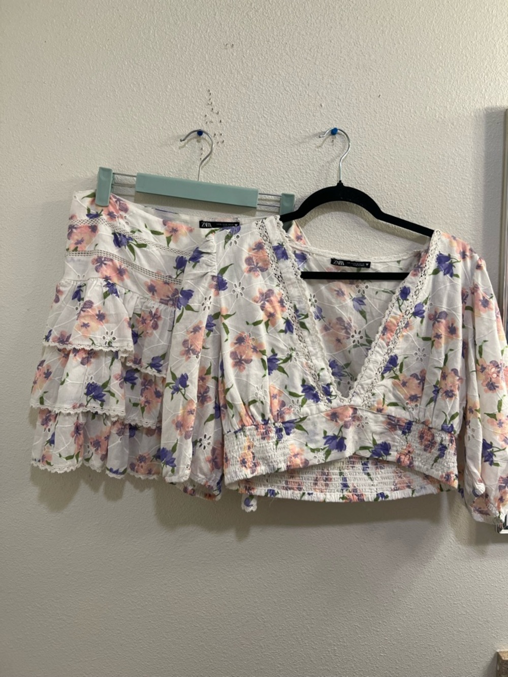 Zara floral print layered skirt and cropped top set